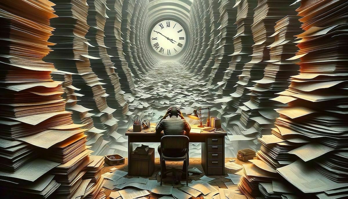 an image generated by Ai of a man sat with head in hands surrounded by things to do and a ticking clock