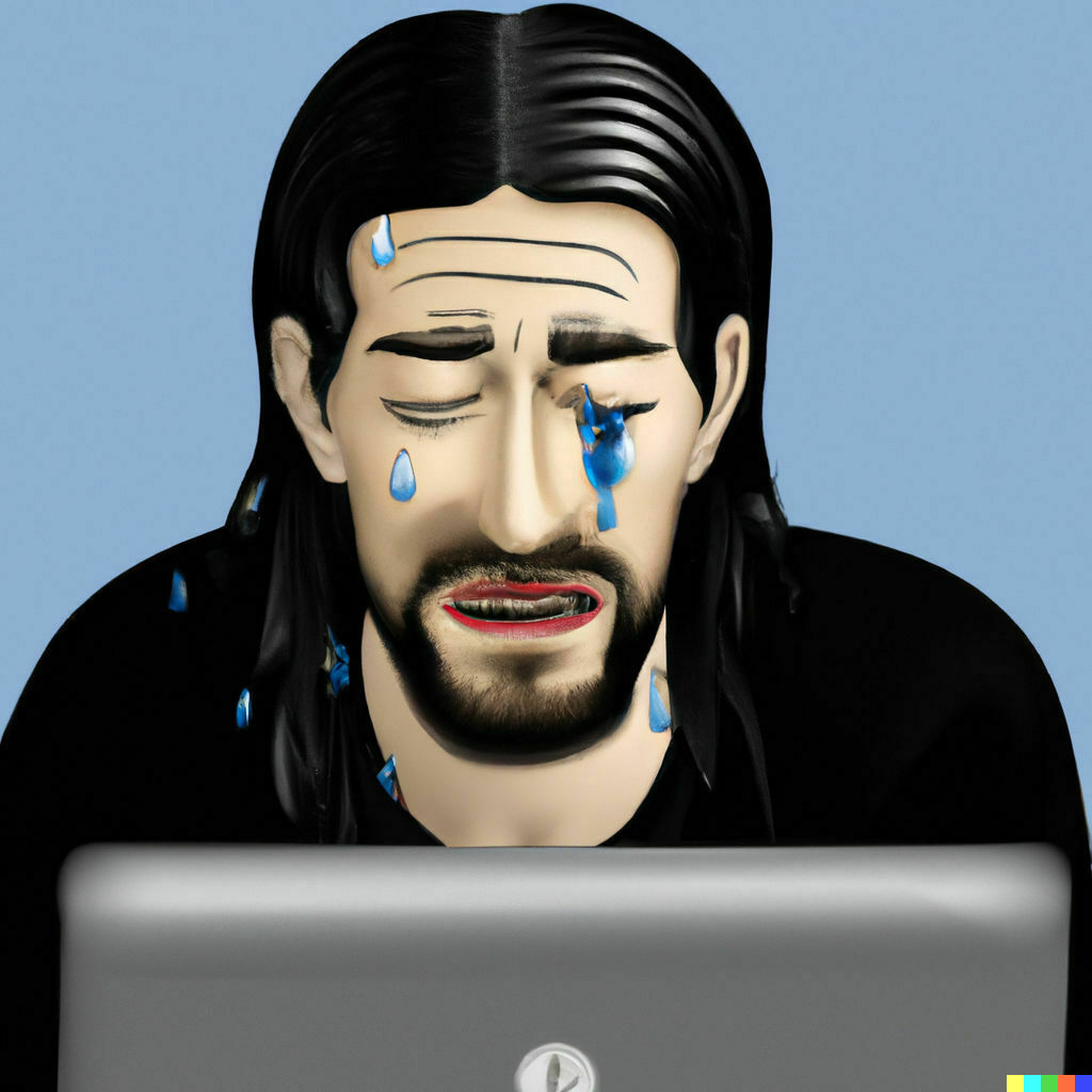 digital art of a male writer crying onto their laptop by Dall-E
